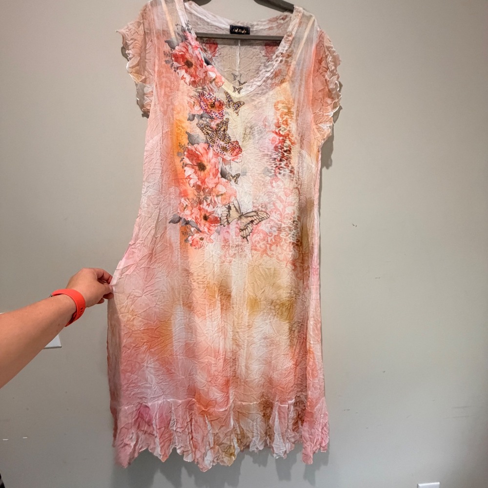 Y2K Cal Style Butterfly Floral Dress Size L Sheer Lined Flowy Fairycore Woodland